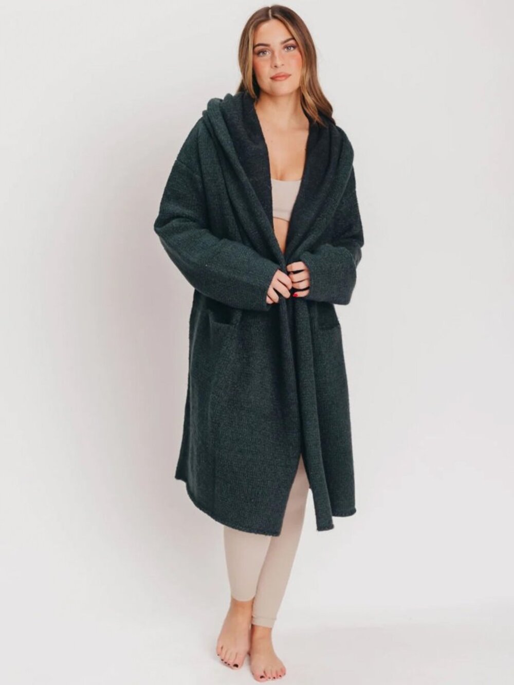 Lovestitch Lennox Coatigan Hooded Cardigan Sweater Coat Pine Green One Size